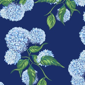 Hydrangea-on-dark-blue-Hamptons Grandmillennial Coastal style, large-JUMBO