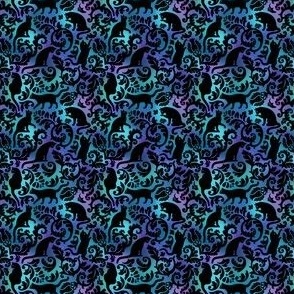 Micro Scale / Cats In The Garden / Black On Blue Purple Gradient Background    