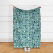 Groovy Fish Net Plaid with Sea Glass- Retro Geometric- Coastal Check- Blue Green on Misty Turquoise- Large Scale
