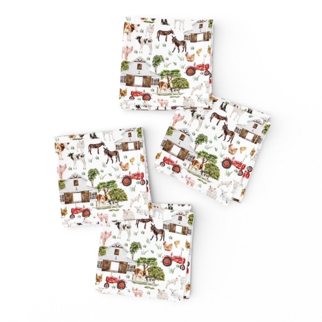 Small- Captivating Watercolor: Rustic Farm Life Depicted Through Hand-Painted Colorful Animals, Barns, and Tractors on white 