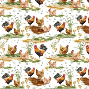 Medium - Enchanting Watercolor Artistry: Farmyard Scenes Evoked Through Hand-Painted Patterns Featuring Chicken And Rooster, and Rural Life on white background