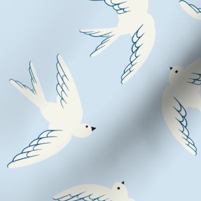Flying Birds on Light Blue, Large Scale, White Doves in the Sky