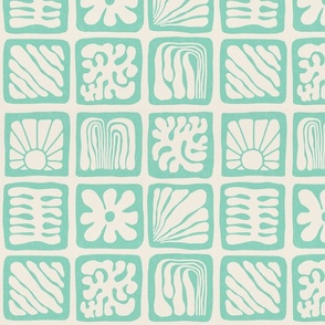 Matisse Inspired Organic Shapes, Mint Green on Cream, 12-inch repeat