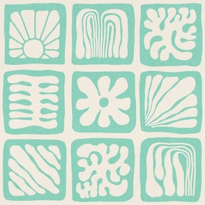 Matisse Inspired Organic Shapes, Mint Green on Cream, 24-inch repeat
