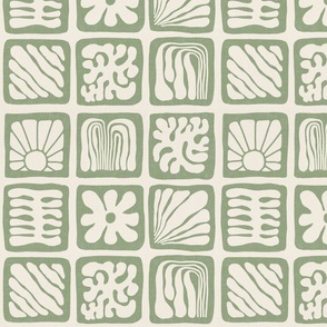 Matisse Inspired Organic Shapes, Sage Green on Cream, 12-inch repeat