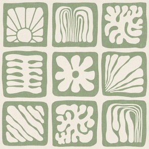 Matisse Inspired Organic Shapes, Sage Green on Cream, 24-inch repeat