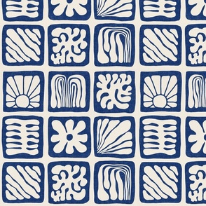 Matisse Inspired Organic Shapes, Dark Blue on Cream, 12-inch repeat