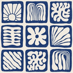 Matisse Inspired Organic Shapes, Dark Blue on Cream, 24-inch repeat