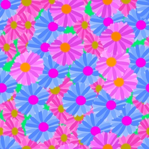 Blue Pink Purple Flowers- Blue Pink and Purple Hand drawn flowers on Green Background