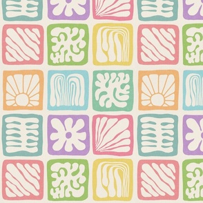 Matisse Inspired Organic Shapes, Rainbow Pastels on Cream, 12-inch repeat