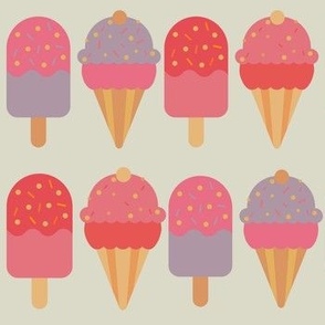 Ice cream cones and popsicles in rows of pink, red and purple