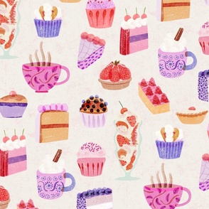 Sweet treats (large, cream) Deserts, puddings, cakes, slices, tarts and gateaux for this treat inspired watercolor style design.