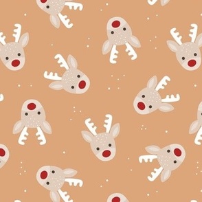 Kawaii Raindeer - Tossed Christmas animal design with snowflakes caramel orange