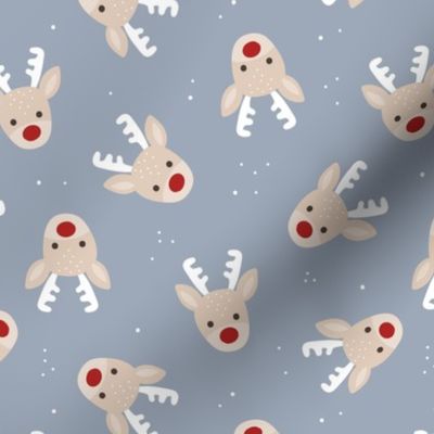 Kawaii Raindeer - Tossed Christmas animal design with snowflakes moody blue