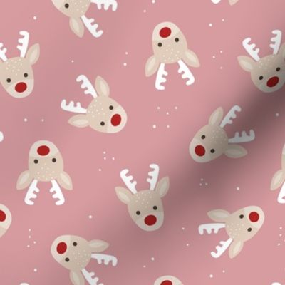 Kawaii Raindeer - Tossed Christmas animal design with snowflakes vintage pink