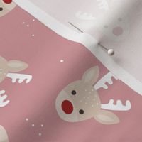 Kawaii Raindeer - Tossed Christmas animal design with snowflakes vintage pink