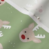 Kawaii Raindeer - Tossed Christmas animal design with snowflakes matcha green