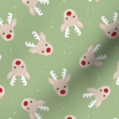 Kawaii Raindeer - Tossed Christmas animal design with snowflakes matcha green