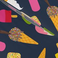 Icecream and lolly scatter on dark navy blue - large  scale by Cecca Designs