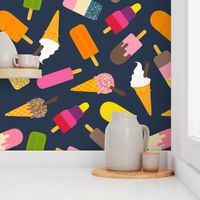 Icecream and lolly scatter on dark navy blue - large  scale by Cecca Designs