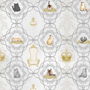 Royal Cats with crowns and thrones gold and light gray pattern