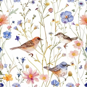 Soft and Dainty Watercolor Birds and Wild Flowers