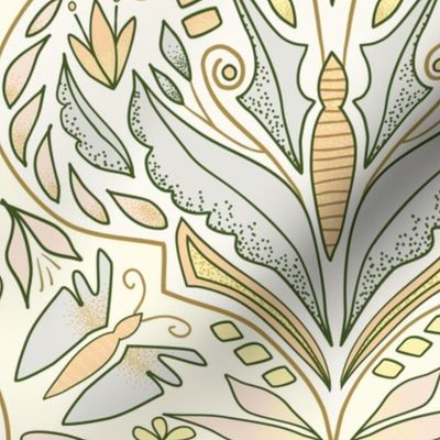 (L) Forest Butterfly Damask Earthy, Magical Leafy Butterflies Cream, Peach, Gold