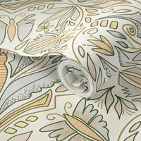 (M) Forest Butterfly Damask Earthy, Magical Leafy Butterflies Cream, Peach, Gold