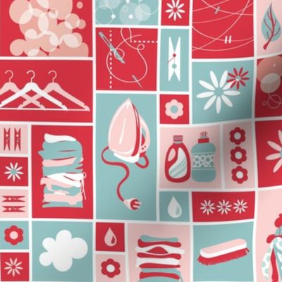 Medium Laundry Room Wallpaper in Teal Red and Pink