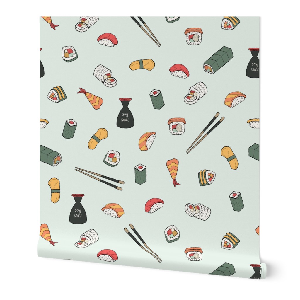 Large Scattered Sushi Roll Japanese Food in Mint Green