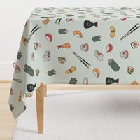 Large Scattered Sushi Roll Japanese Food in Mint Green