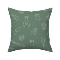Large Scattered Sushi Roll Japanese Food Line Work in Artichoke Green