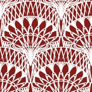 Dark Red and White Bohemian Painterly Fan - Abstract Lines Hand Drawn Textured Boho Scallop Pattern - Large 