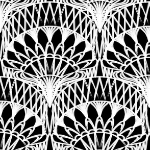 Black and White Bohemian Painterly Fan - Abstract Lines Hand Drawn Textured Boho Scallop Pattern - Large 