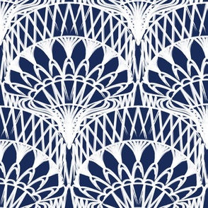 Dark Blue and White Bohemian Painterly Fan - Abstract Lines Hand Drawn Textured Boho Scallop Pattern - Large 