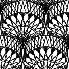 White and Black Bohemian Painterly Fan - Abstract Lines Hand Drawn Textured Boho Scallop Pattern - Large 