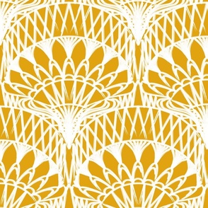 Mustard Yellow Bohemian Painterly Fan - Abstract Lines Hand Drawn Textured Boho Scallop Pattern - Large 