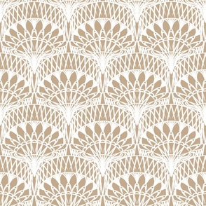 Beige and White Bohemian Painterly Fan - Abstract Lines Hand Drawn Textured Boho Scallop Pattern - Small
