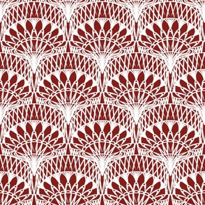 Dark Red and White Bohemian Painterly Fan - Abstract Lines Hand Drawn Textured Boho Scallop Pattern - Small