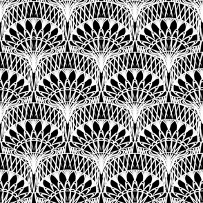 Black and White Bohemian Painterly Fan - Abstract Lines Hand Drawn Textured Boho Scallop Pattern - Small