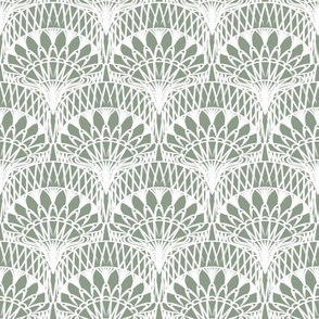 Cool Sage Bohemian Painterly Fan - Abstract Lines Hand Drawn Textured Boho Scallop Pattern - Small