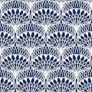 Dark Blue and White Bohemian Painterly Fan - Abstract Lines Hand Drawn Textured Boho Scallop Pattern - Small