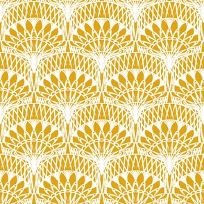 Mustard Yellow Bohemian Painterly Fan - Abstract Lines Hand Drawn Textured Boho Scallop Pattern - Small
