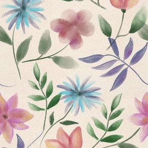 Seamless pattern, ornament with watercolor flowers on a light background. Hand drawing.