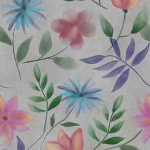 Seamless pattern, ornament with watercolor flowers on a gray background. Hand drawing.