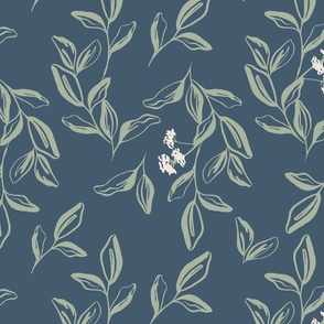 Leaves in Bloom soft green and neutral blue background large scale
