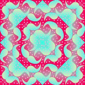 Geometric bright design of paisley and shapes, with gradients and polka dots in red and blue colors. 2
