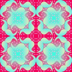 Geometric bright design of paisley and shapes, with gradients and polka dots in red and blue colors.  3