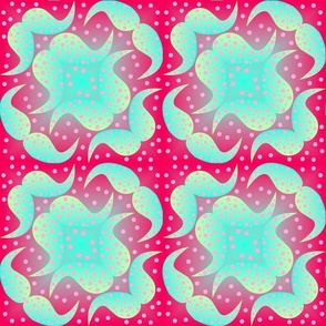 Geometric bright design of paisley and shapes, with gradients and polka dots in red and blue colors.  4