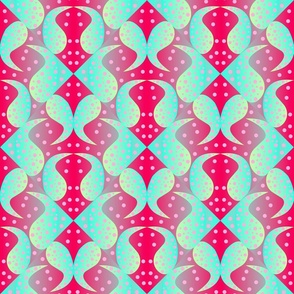 Geometric bright design of paisley and shapes, with gradients and polka dots in red and blue colors.  5